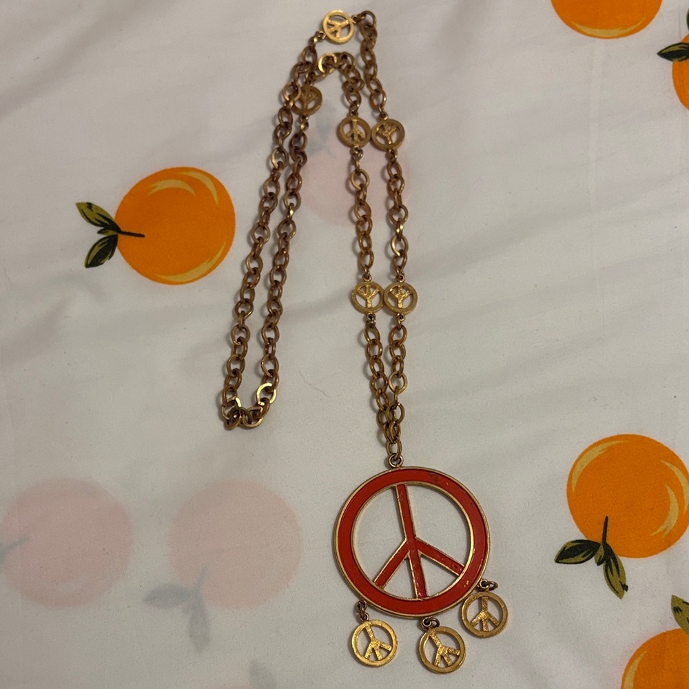 Peace Symbol Gold and Red Necklace. 15β long quite old. In the 60βs